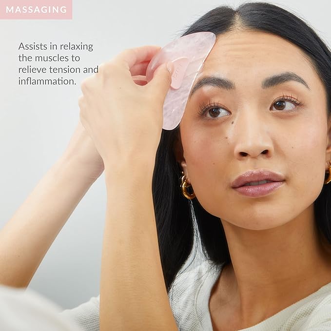 PMD Beauty Gua Sha Facial Tools - Massaging, Sculpting and Depuffing Guasha Tool for Face with Rose Quartz and Silicone Grip - Reduce Tension & Inflammation, with Starter Kit