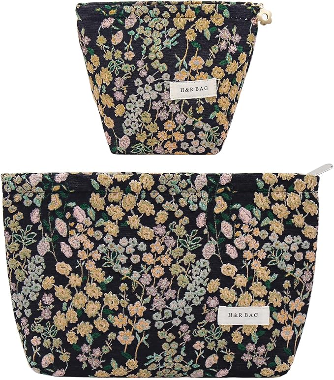 2 Pcs Makeup Bags, Large Cosmetic Bag Travel Toiletry Bag Organizer for Women, Embroidery Craft, Floral Makeup Bag Small Cosmetic Pouch Purse with Zipper Gifts for Girls Teen
