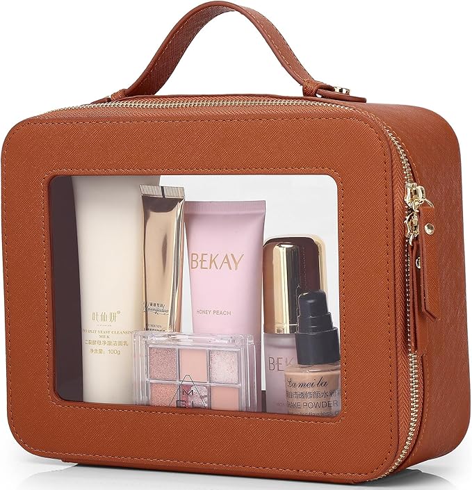 Pinkmik Clear Makeup Bag Waterproof Travel Case for Cosmetics and Toiletries Women's Makeup Organizer and Car Bag with Zipper (X/Brown, L)
