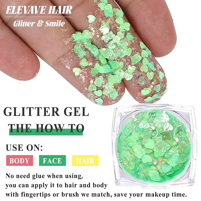 Body Glitter Face Glitter, Hair Glitter for Kids, 12 Shapes Fine Chunky Glitter Gel for Women Girls Makeup Sparkles Party Mermaid Sequins Rave Accessories Singer Concerts Festival (Green Scheme)