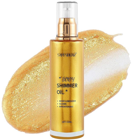 Shimmer Body Oil, Long Lasting Moisturizing Body Glow Glitter for Women Face Luminizer Highlighter Makeup 100ml Shimmer Oil for Glowing Skin Lotion (Gold)