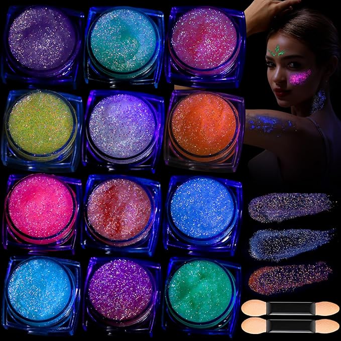 Teenitor 12 Colors Fine Glitter Body Glitter Gel, Glow in The Dark Glitter Gel, Glow in The Dark Face Paint, Face Sparkles for UV Black Light Raves Concerts Festivals
