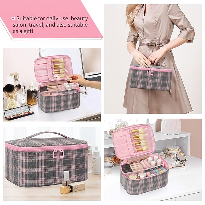 OCHEAL Makeup Bag for Women - Travel Cosmetic Organizer with Brush Slot & Divider, Large Capacity Toiletry Bag for Girls, Travel Makeup Case for everyday Make up Accessories -Pink Plaid