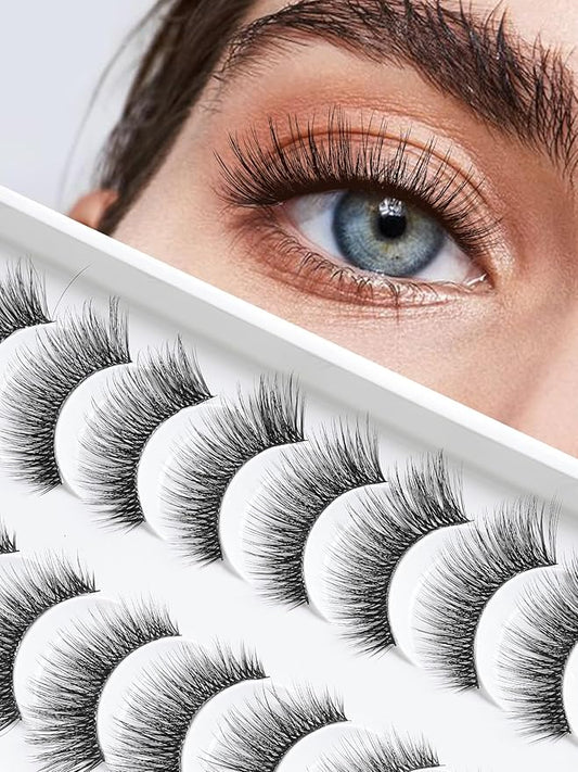False Eyelashes Cat Eye Lashes Wispy 15mm Strip Eyelashes Thin Band Natural Lashes Fluffy Eyelashes Siligli Lashes Pack Fake Lashes 3D Volume Curly Eyelash 10 Pair