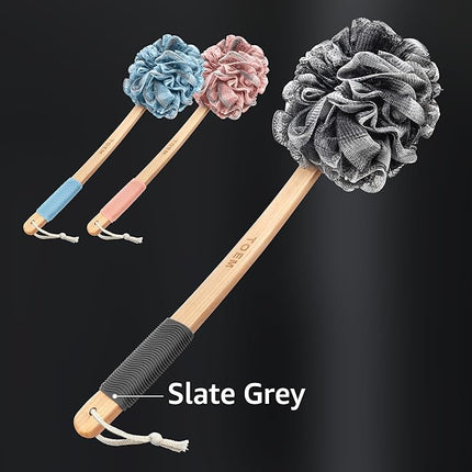 Toem® Loofah Back Scrubber for Shower | Bamboo Charcoal Fiber Infused | Loufas for Men & Women | Includes 1 Long Handled Shower Sponge, 1 Bath & Shower Luffa Pouf & 1 Hook to Hang Stuff (Slate Grey)