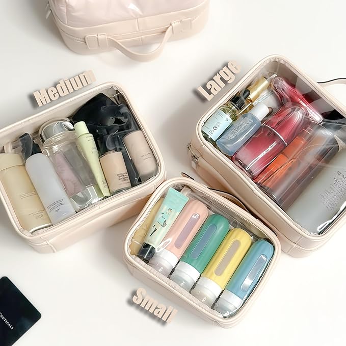 Veki Transparent Makeup Bag Travel Cosmetic Bags Case Waterproof Toiletries Bag Large Capacity Open Storage Bags Organizer With Zipper, Portable Make Up Organizer for Women and Girls