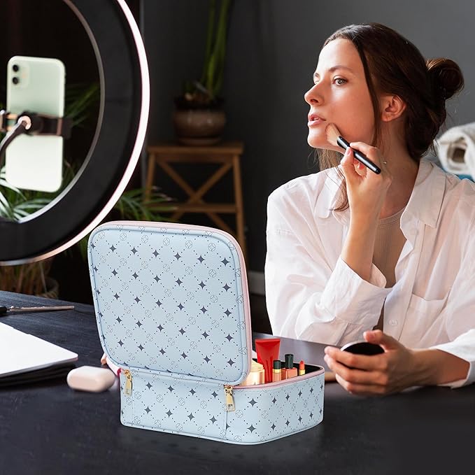 Travel Makeup Bag,Waterproof Cosmetic Organizer, Adjustable Dividers,Portability Cosmetic Train Case,Makeup organizer,Gift for Women,Girls Gift (Blue+Pink)