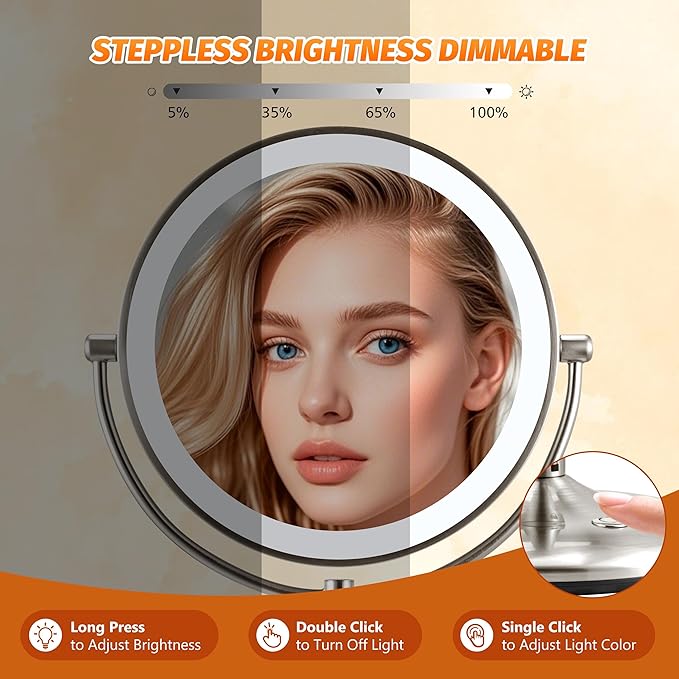 Lighted Makeup Mirror with Magnification: 1X/10X Magnifying Vanity Mirror with 3 Color Dimmable Light, 9" Large Rechargeable Standing Desk Mirror, Base Touch & Base Charging Port, Touch Sensor, Nickel