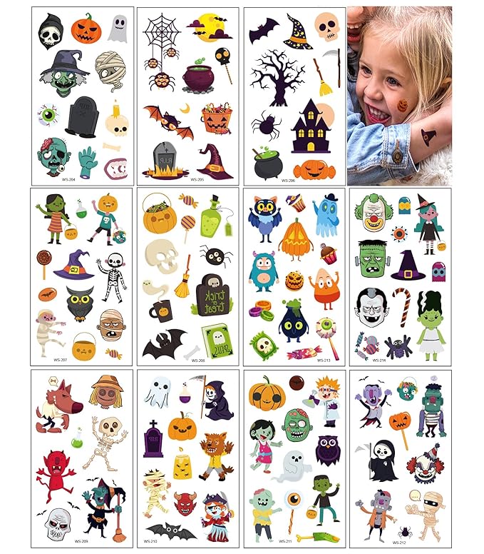 Temporary Tattoos for Kids Halloween Makeup, 120Pcs Cartoon Tattoos (11 Sheets) Waterproof Fake Tattoo Body Art Stickers Children Party Decoration Supplies Gifts Favors Girls Boys Halloween