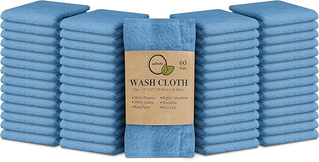 Softolle 100% Cotton Washcloths 24 Pack (12x12 Inches) Soft, Highly Absorbent Washcloth, Face Towels, Wash Cloths for Face, Ring Spun, Bulk Pack (Electric Blue, 60 Pack)