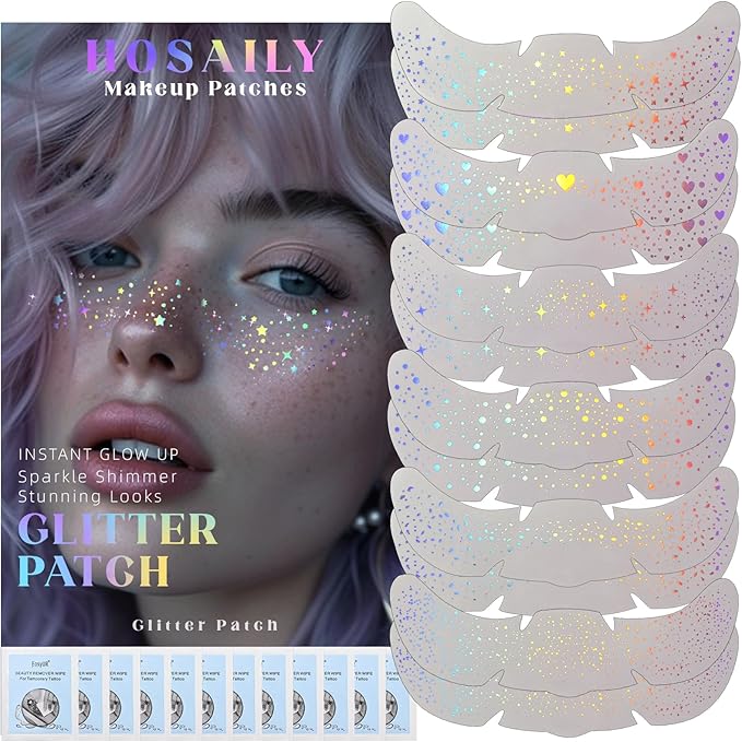 12 pcs Holographic Multichrome Glitter Freckles Face Tattoo, Waterproof Sparkle Face Glitter Speckles Patches for Women, Cute Star Glitter Temporary Tattoo Makeup Accessories for Festival Rave