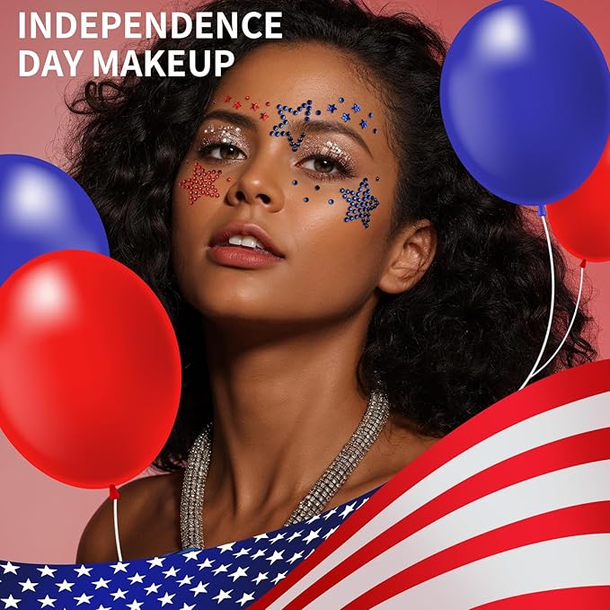 Teenitor 4th of July Star Face Gems, Self Adhesive Face Jewels For Women, Gem Stickers Face Rhinestones, Star Rhinestone Stickers 4th of July Accessories for Face, Body, Hair