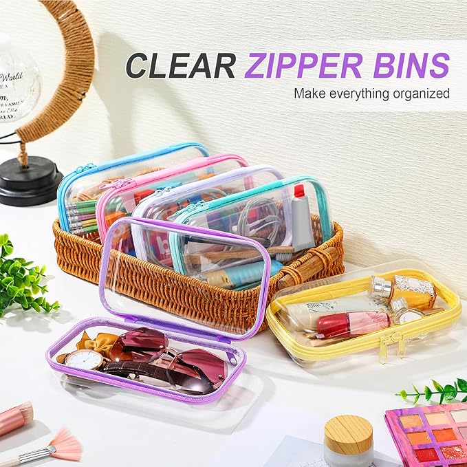Sanwuta 6 Pcs Clear Hard Zipper Case Pencil Pouches Hard Plastic Zipper Pouches Makeup Bag Transparent Cases for Snacks Plastic Storage Organizer Box for Travel(Colorful,7.48 x 3.94 x 2 Inch)