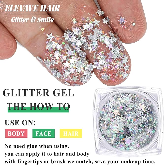 Body Glitter Face Glitter, Hair Glitter for Kids, 12 Shapes Fine Chunky Glitter Gel for Women Girls Makeup Sparkles Party Mermaid Sequins Rave Accessories Singer Concerts Festival (Silver Scheme)
