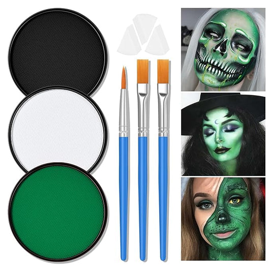 White Black Green Foundation Face Body Paint, Halloween Makeup Face Painting Kit with Painting Brushes and Makeup Sponge for Kids & Adults Grinch Zombie Witch Alien SFX Cosplay Party-30g