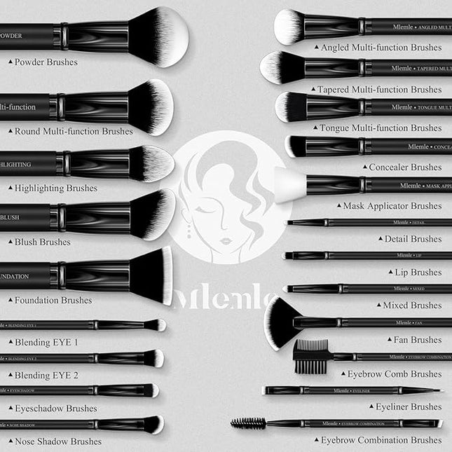 Makeup Brushes Set, Mlemle Professional 26 Pcs Makeup Kit, Include Powder Foundation Concealers Blush Eye shadows Eyebrow 21 Pcs Makeup Brushes and 2 Powder Puff, 3 Makeup Sponge(A01-Black)