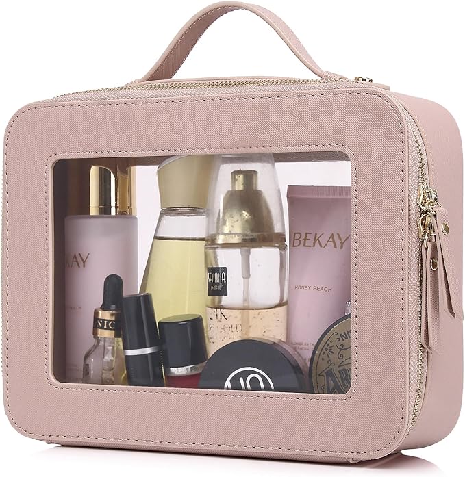 Pinkmik Clear Makeup Bag for Women Waterproof Travel Cosmetics and Toiletries Case Portable Makeup Oaganizer Bag Clear Car Bag with Zipper (Pink, L)