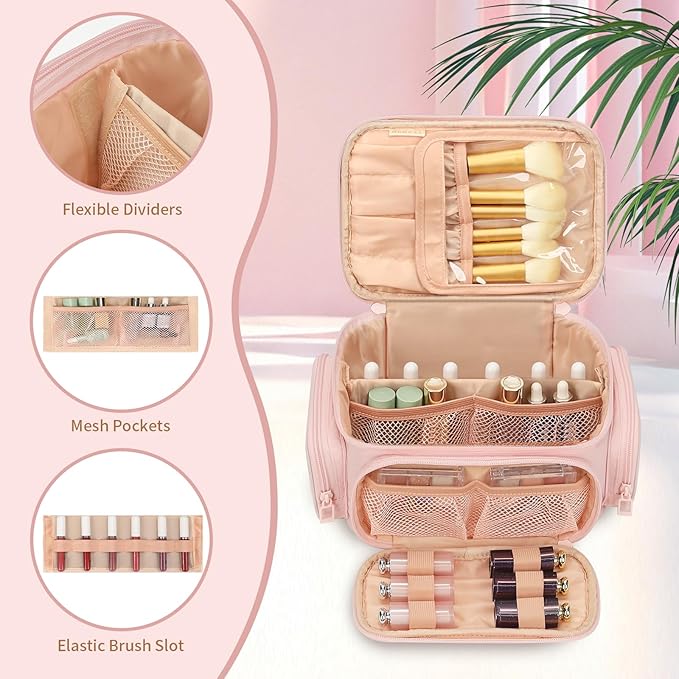 OCHEAL Large Makeup Bag,Cosmetic Organizer for Women with Zipper Pouch and Side Pocket, Multifunctional Compartments and Dividers,Travel Makeup Case for Toiletries, Brushes & Beauty Tools-Pink