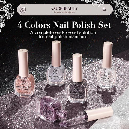 AZUREBEAUTY Matte Glitter Nail Polish Set 4 Colors Diamond Platinum Silver Purple Black Nude Nail Polish Quick Dry Natural Nail Kit with Top Coat DIY Salon Home