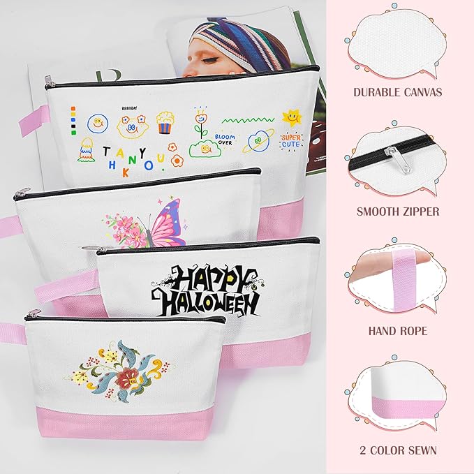 10 Pieces Cotton Canvas Makeup Bag with Bottom and Strap, Multi-Purpose Cosmetic Bag with Zipper Travel Toiletry Pouch, Blank DIY Craft Bag (White&Pink, L)