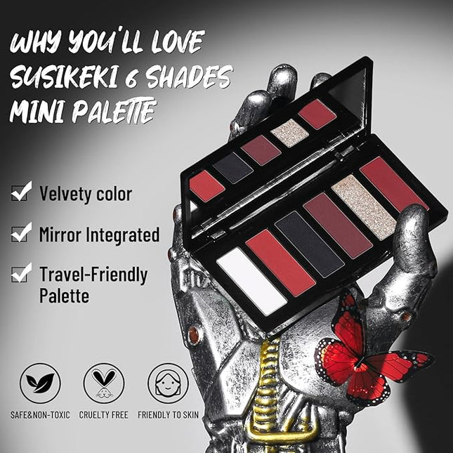 SUSIKEKI Red Eyeshadow Palette with Mirror Sliver Red Black Tones Matte Shimmer 6 Colors Mini Eye Shadow Pallet Travel Size Highly Pigmented for Joker Vampire Clown Goth Halloween Christmas Makeup