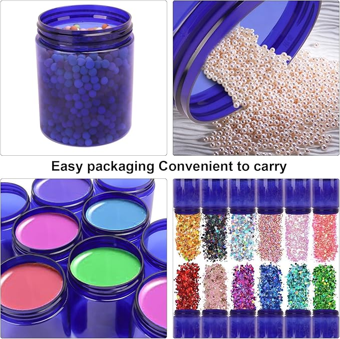 30 Packs 8 oz (250 ml) Blue Plastic Jars with Sliver Lids, Cosmetic Containers jars with Wide-Mouth for slime, beads, rhinestones, sequins Cosmetics, Lotion, Cream, Ointments and More