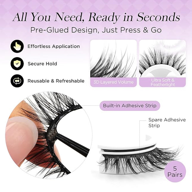 BEYELIAN Self Adhesive Eyelashes No Glue Needed Pre Glued Reusable False Eyelashes, Wispy Natural Look Faux Mink Press on Lashes 5 Pairs ZCV-189