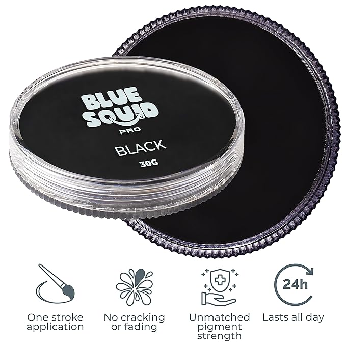 Blue Squid Face Paint Water Based Single Cake Professional Face Paint & Body Paint - Water Activated, Kids Adults Face Painting for Costume, Halloween Makeup, Cosplay - Classic Black Face Paint 30g