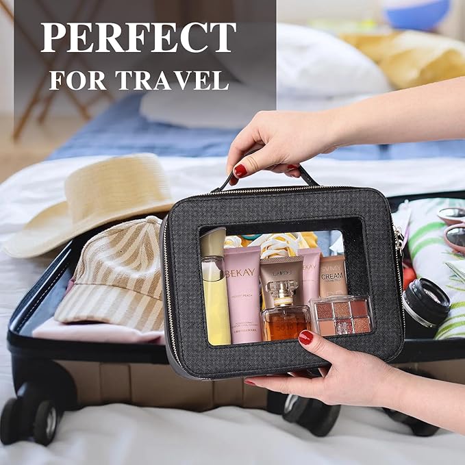 Pinkmik Clear Makeup Bag for Women Waterproof Travel Cosmetics and Toiletries Case Portable Makeup Oaganizer Bag Clear Car Bag with Zipper (Black, L)
