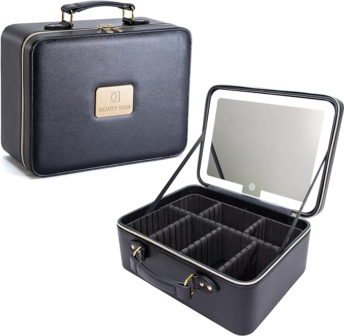 Travle Makeup Bag with LED Mirror, Portable Makeup Artist Organizer Case with Lighted Mirror, Makeup Bag with Adjustable Dividers, Cosmetic Brush Storage Box for Women Gift