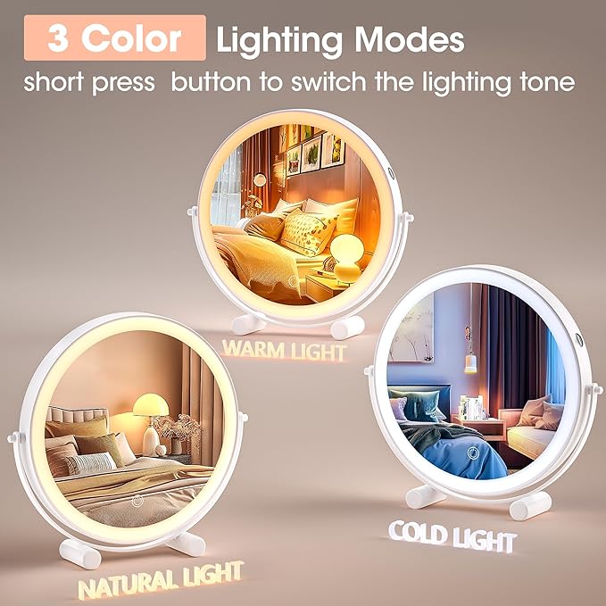 Hasipu 10-inch Lighted Makeup Mirror with 7X Magnification, White Frame Rechargeable 3000 mAh Vanity Mirror with Lights, Desk Mirror with Dimmable Brightness, 3 Lighting Modes