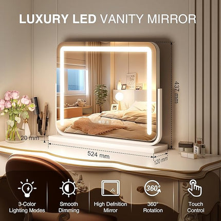 Vanity Mirror with Lights 21"×15.7" LED Makeup Mirror,Dimmable Smart Touch Control Mirror with Lights for Bedroom Tabletop, 360° Rotation,Vanity Mirror Square White,Ideal Gifts for Her