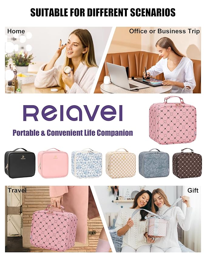 Relavel Travel Makeup Bag With LED Mirror, Compact Cosmetic Organizer Storage with Brush Compartment, 3 Colors in Adjustable Brightness, Adjustable Dividers, Make Up Train Case - Pink Bowknot