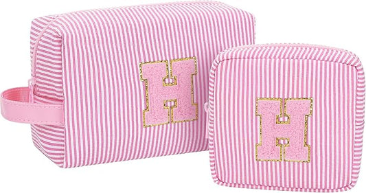 Travel Makeup Bag for Women,Make Up Pouch for Girlfriend Bridesmaid Wife,Birthday Gift for Her Cute Monogram Cute Initial Toiletry Bag Set,2PCS Pink H