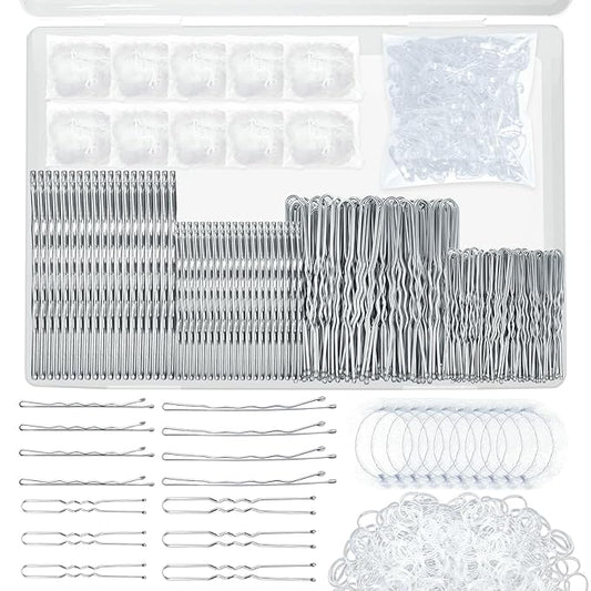510PCS Silve Bobby Pins Hair Pins Kit with Hair Net, YINGFENG Includes 100 Bobby Pins for Women, 100 U-Shaped Buns Hair Clips, 300 Hair Bands and 10 White Hair Nets, for Gray Hair