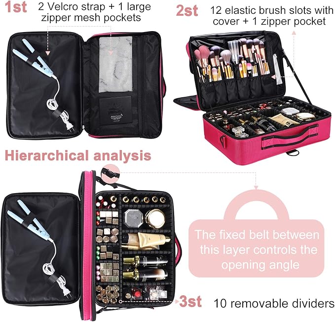 JOURMON Travel Makeup Case Portable Makeup Train Case Organizer Cosmetic Bag with Adjustable Dividers and Shoulder Strap for Makeup Brushes Toiletry Travel Accessories(Rose Red, L)