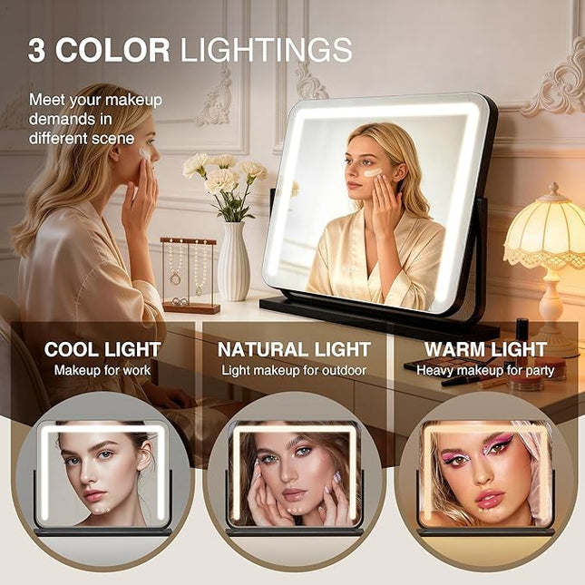 Vanity Mirror with Lights 21"×15.7" LED Makeup Mirror,Dimmable Smart Touch Control Mirror with Lights for Bedroom Tabletop, 360° Rotation,Vanity Mirror Square Black,Ideal Gifts for Her