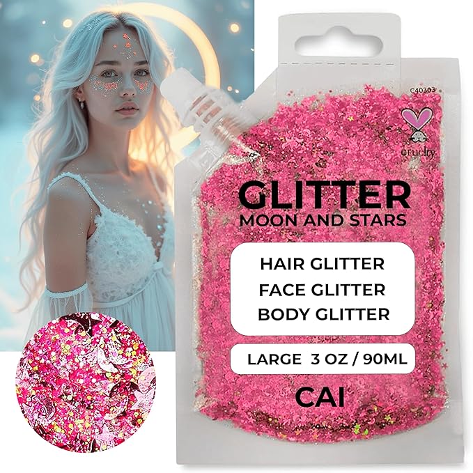 Face, Body & Hair Glitter Gel – Halloween Glitter for Kids and Women – 3 Oz Cosmetic-Grade Gel w/Moon & Stars for Festivals & Halloween Party, Easy Apply & Wash Off - Silver/Pink 2Pack