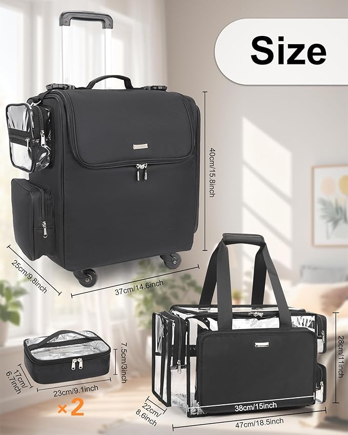 Relavel Rolling Makeup Train Case with Large Clear Makeup Bag, Hairstylist Traveling Bag with 4 Wheels, Cosmetic Storage Organizer Hair Stylist Travelling Bag with Adjustable Dividers & Shoulder Strap