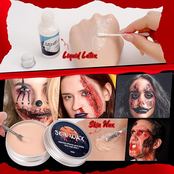 Halloween Special Effect Makeup Kit 6 Colors Fake Blood Face Body Painting, Liquid Latex Sfx Makeup with Skin Wax and Scar Stickers, Multiple Accessories for Vampire Zombie and Fake Scar