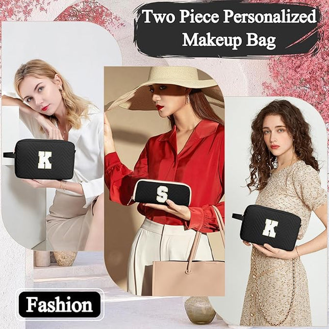 Personalized Initial Makeup Bag Waterproof Leather Cosmetic Bag Travel Toiletry Bag, Valentine’s Day Gift Makeup Organizer Case & Makeup Pouch for Women Teen Girls Mom Girlfriend Wife