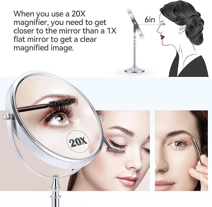 MIYADIVA Magnifying Mirror 20x, Double Sided 1X & 20X Magnifying Mirror on Stand, Large Tabletop Magnified Vanity Mirror, Magnified Mirrors with 360°Rotation for Bathroom or Bedroom,8 Inches