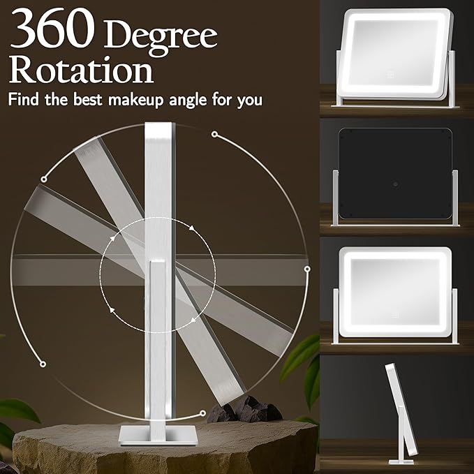 Vanity Mirror with Lights 15"x12", Lighted Makeup Mirror with 10X Magnification, 3 Color Lighting & Dimmable Brightness, Light Up Mirror for Desk, Bedroom, Bathroom