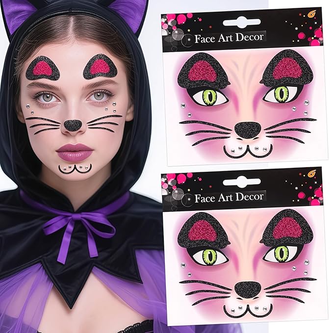 Face Stickers Gems Halloween Temporary Tattoo Sticker Animals Face Sticker Decal Body Face Self-adhesive Sticker Stage Makeup Party Cosplay Decoration 2pcs (cat)