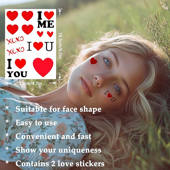 2pcs Makeup Stickers, Waterproof Face Love Heart Temporary Tattoo Stickers, Masquerade Stickers, Wedding Face Makeup Stickers for Women.
