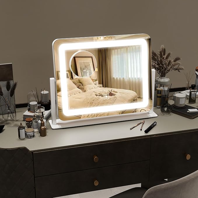 Vanity Mirror with Lights 15"x12", Lighted Makeup Mirror with 10X Magnification, 3 Color Lighting & Dimmable Brightness, Light Up Mirror for Desk, Bedroom, Bathroom