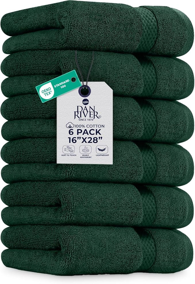 DAN RIVER 6-Pack Premium Hand Towels (16x28 Inches) - 100% Cotton, Ultra Soft, Lightweight, Highly Absorbent Towels for Bathroom, Spa, Gym, Salon, Hotel, and Travel - Hunter Green