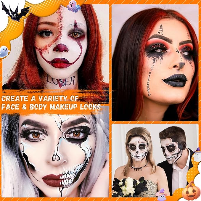 TonJin Black + White + Red Face Body Paint Set 5.28oz,Non-Toxic Professional Paint Palette Kit with 3 Brushes for Kids & Adults Art Theater Halloween Party Cosplay Clown Corpse Paint SFX Makeup