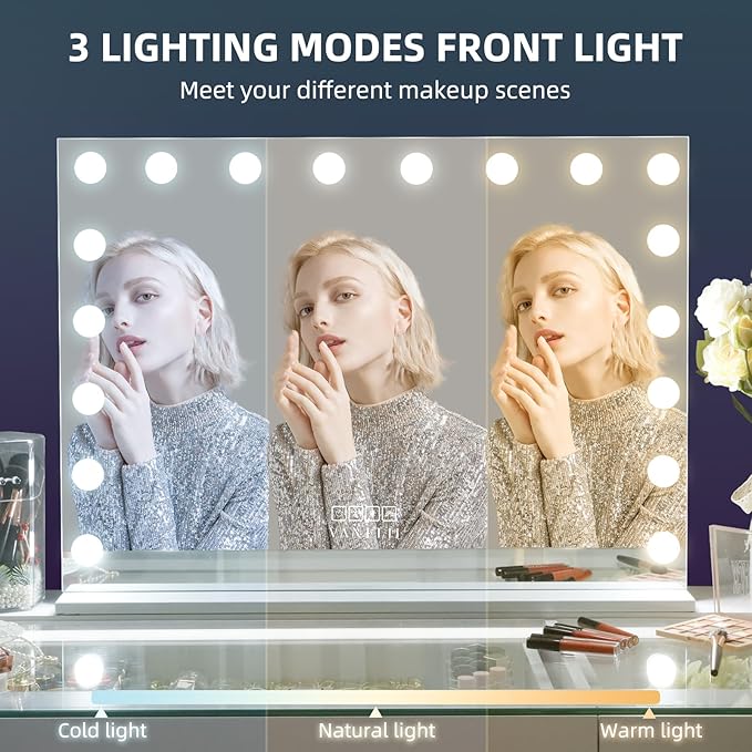 VANITII Hollywood Vanity Mirror with RGB Lights Tempered Glass Light Up Makeup Mirror with 18 Dimmable LED Bulbs 3 Color Lighting Modes Smart Touch 10X Magnification for Bedroom