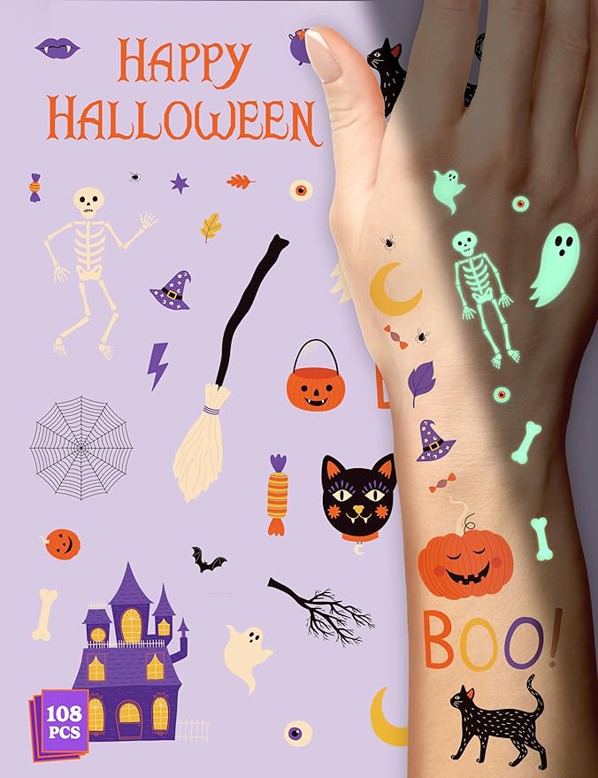 HOUSE OF PARTY Halloween Temporary Tattoos for Kids - Pack of 108 - Glow in the Dark Tattoos - Non-Toxic Waterproof Stickers for Boys and Girls - Ideal for Halloween Party Favors and Decorations!